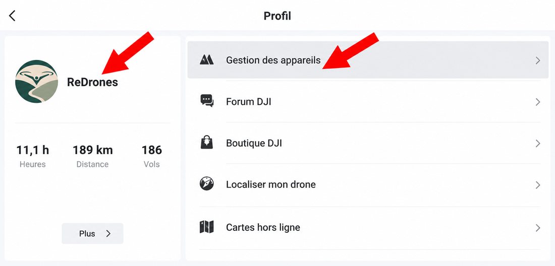 On the left, the signed-in account. On the right, the « Device Management » entry.