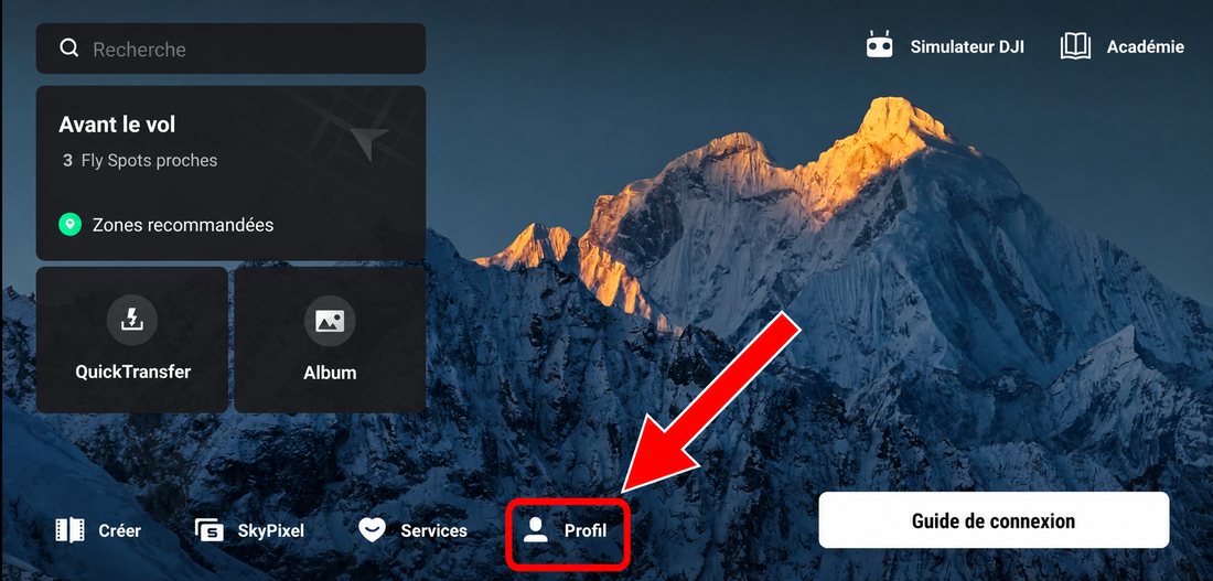 The DJI Fly home screen: the « Profile » button sits at the bottom.